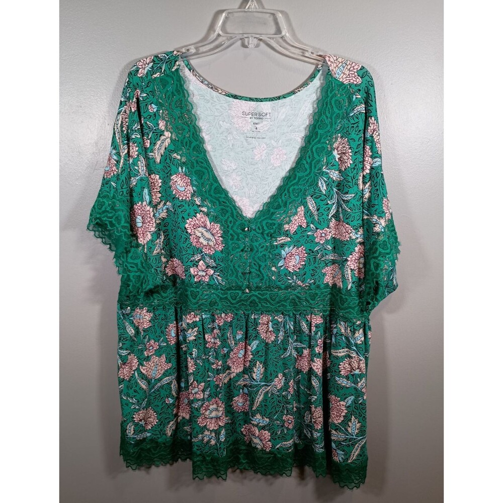 Torrid Super Soft Knit Green Babydoll Lace Trim Floral Plus Shirt Size 4X
